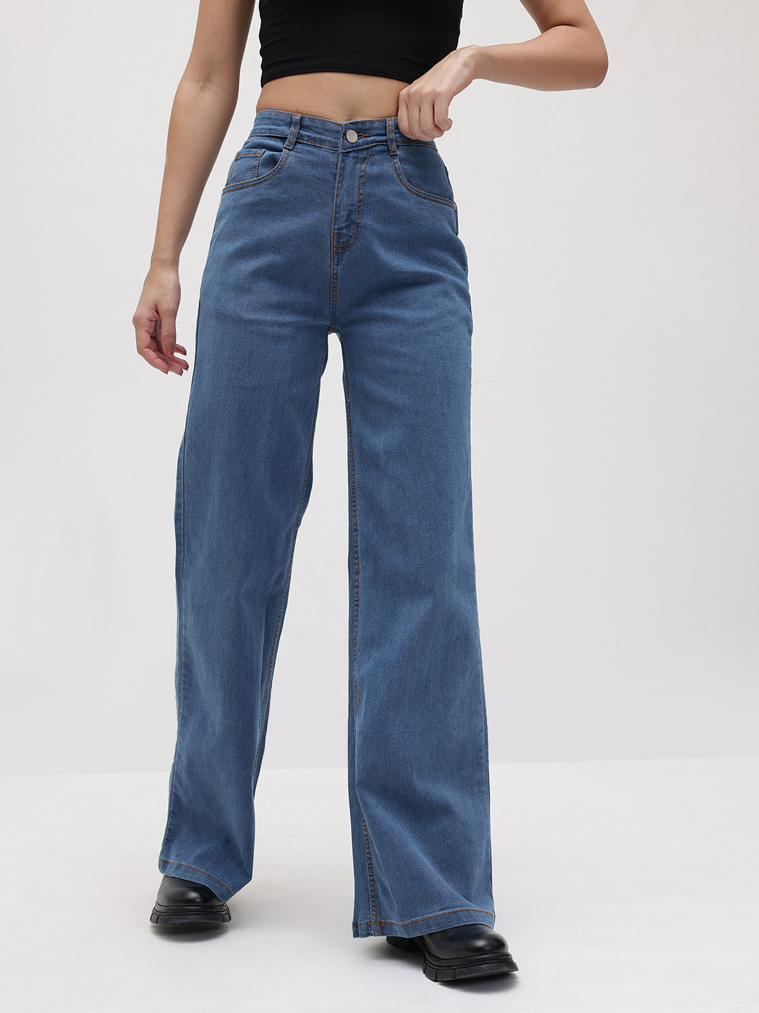 The Roadster Life Co. Women Wide Leg Mid-Rise Stretchable Jeans