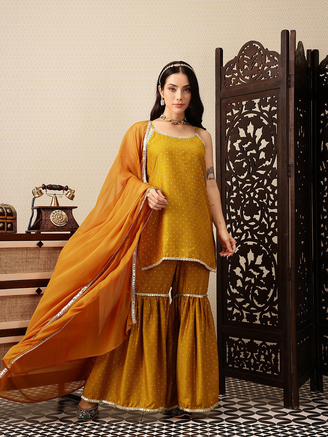 House of Pataudi Polka Dotted Sequinned Jashn Kurti with Sharara & With Dupatta