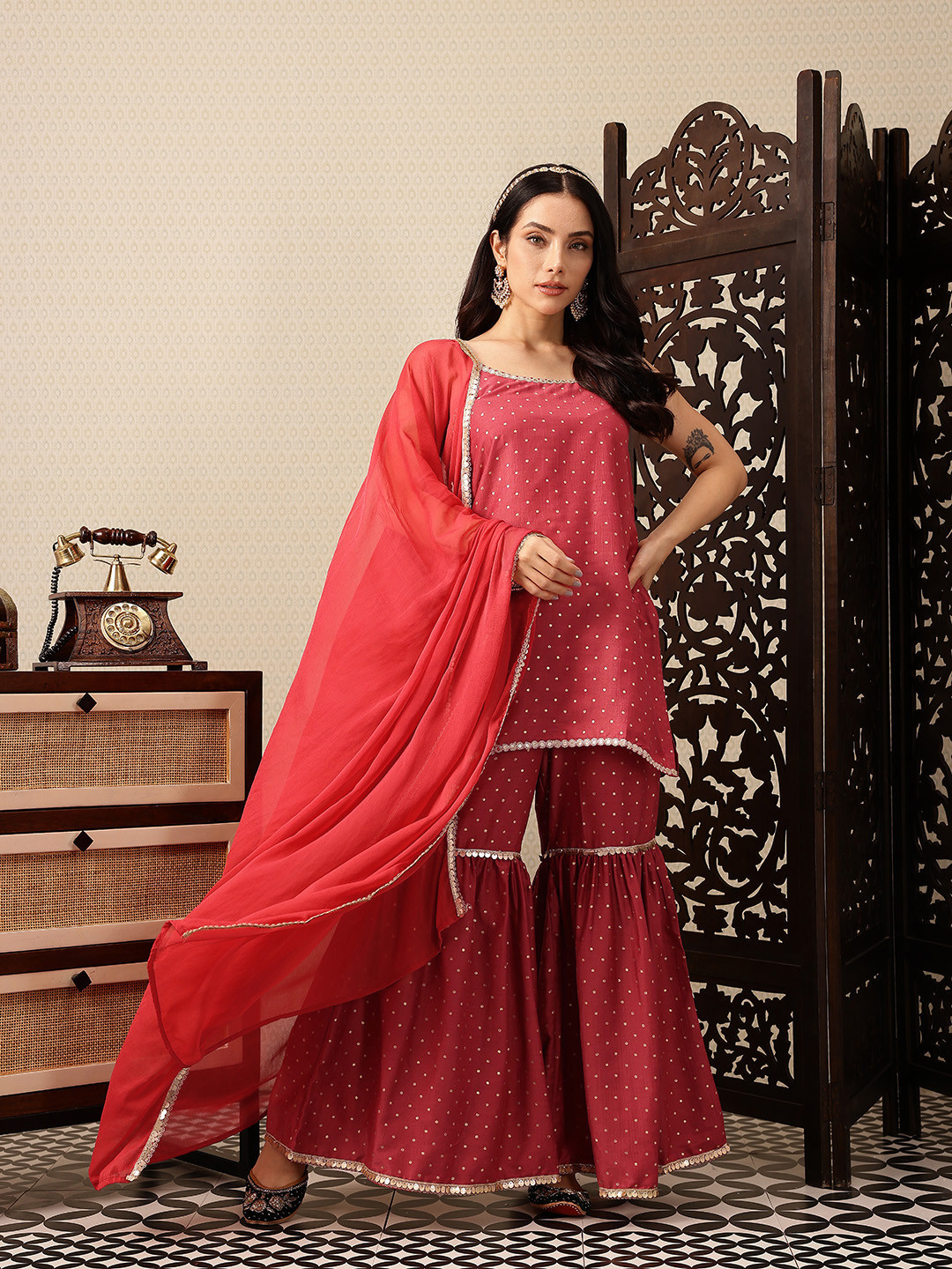 House of Pataudi Polka Dotted Sequinned Jashn Kurti with Sharara & With Dupatta