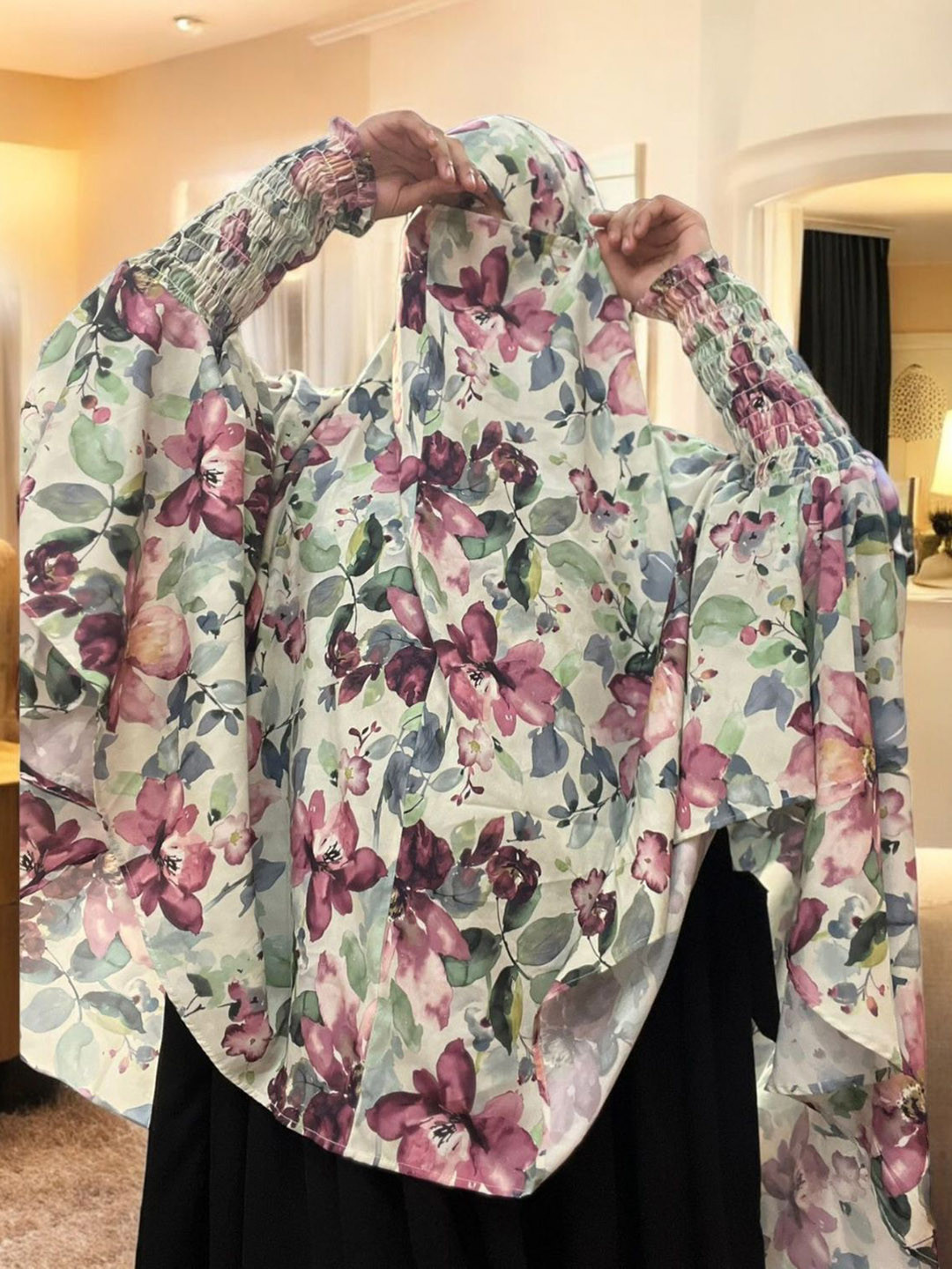 MUSHKIYA Women Printed Khimar Hijab Burqa With Smocky Chun Sleeves