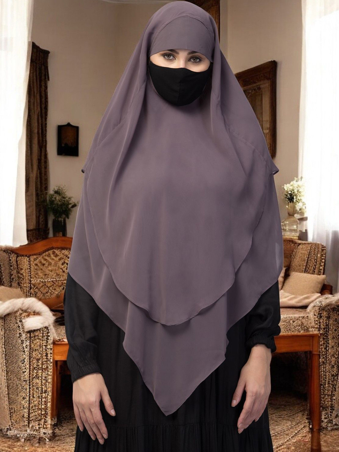 MUSHKIYA Women Solid Multi Layered Triangular Instant Hijab-Khimar Burqa