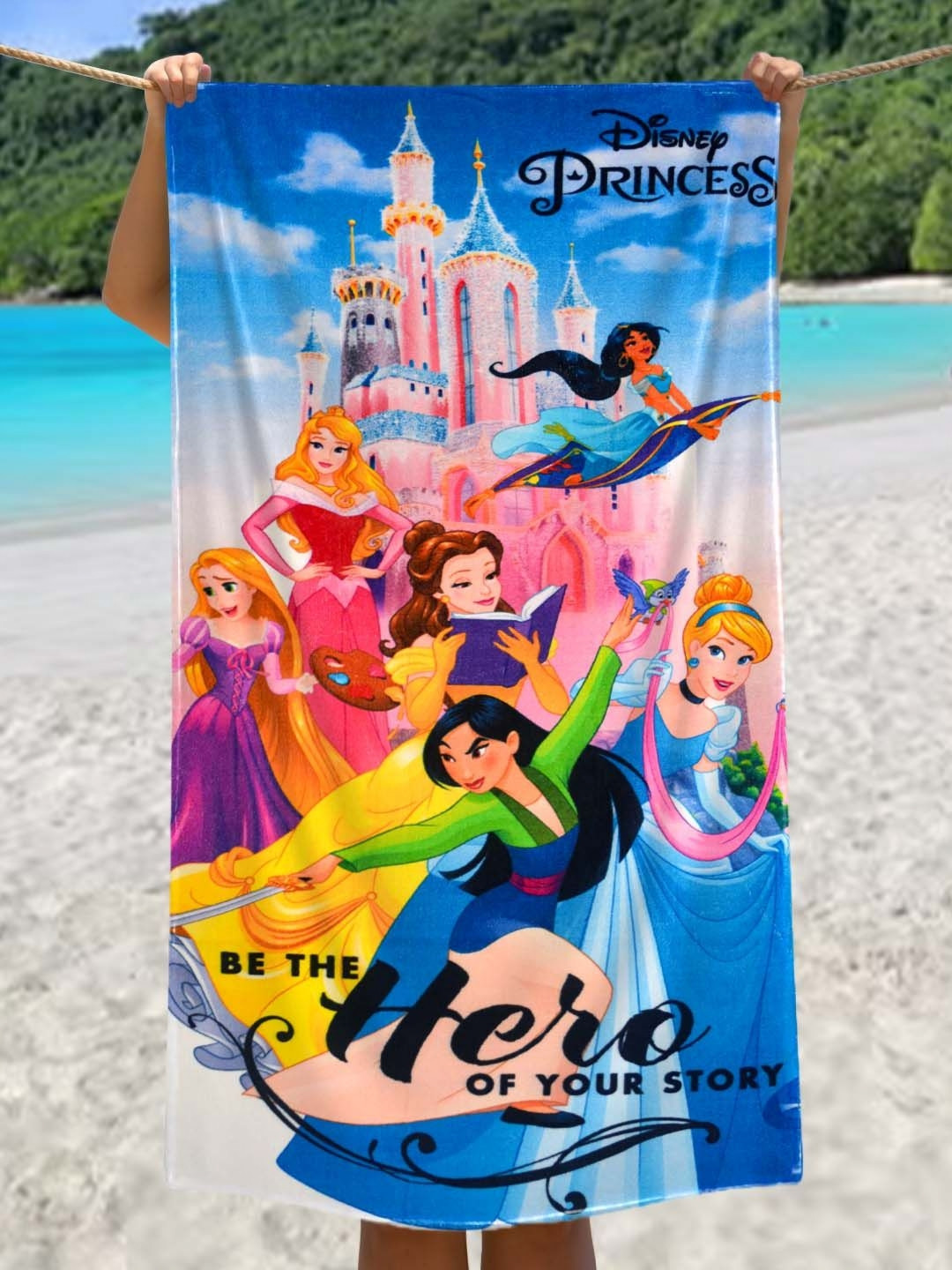 Athom Living Kids Blue & Pink Disney Princess Printed Pure Cotton 350 GSM Bath Towel