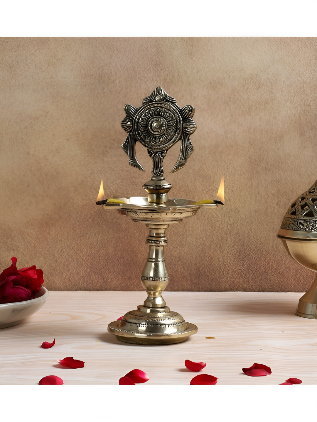 Two Moustaches White Shankh Design 5 Oil Wick Brass Diya