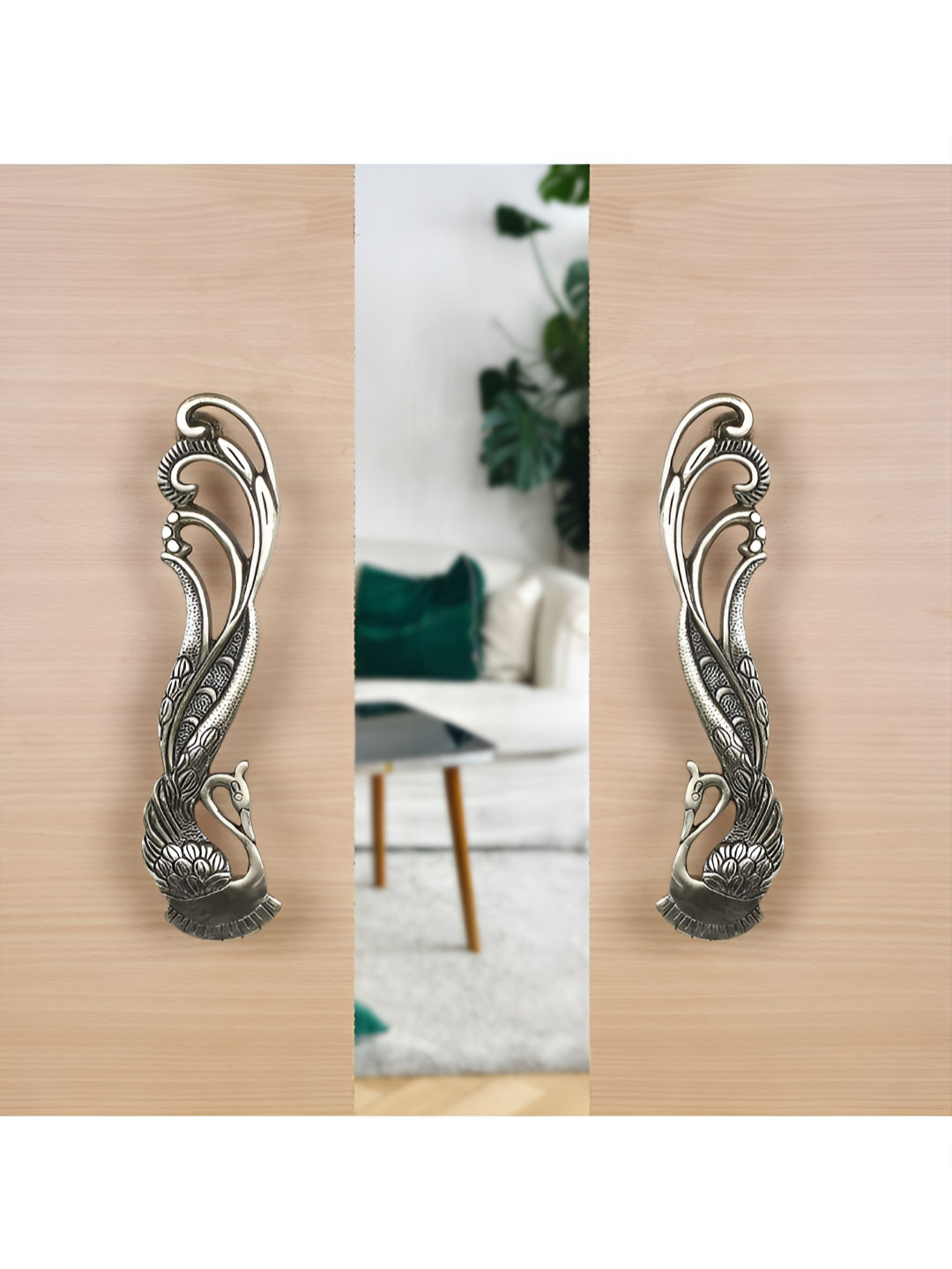 Two Moustaches White and Gold-Toned 2 Pieces Peacock Design Brass Main Door Handle