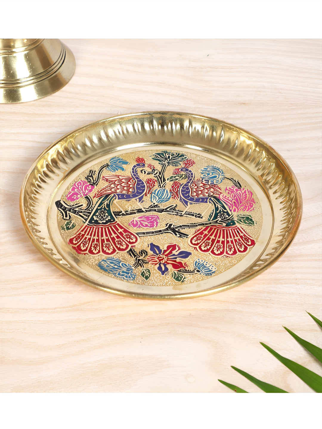Two Moustaches Gold-Toned and Pink Twin Peacock Carved Brass Pooja Thali