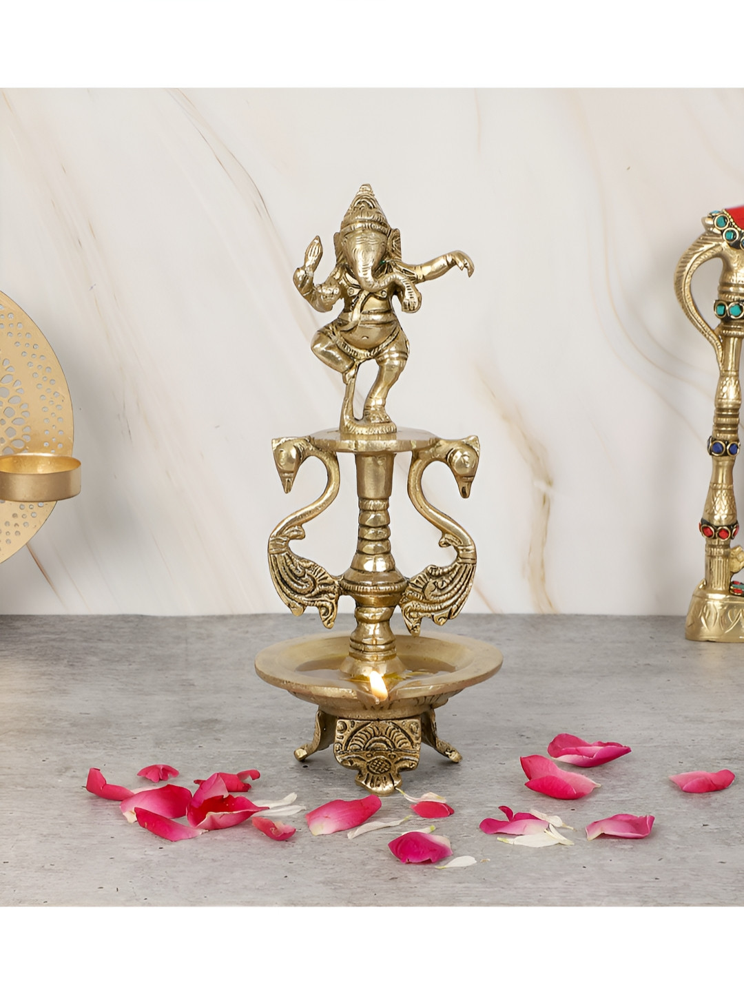 Two Moustaches White Brass Dancing Ganesha Oil Diya With Base