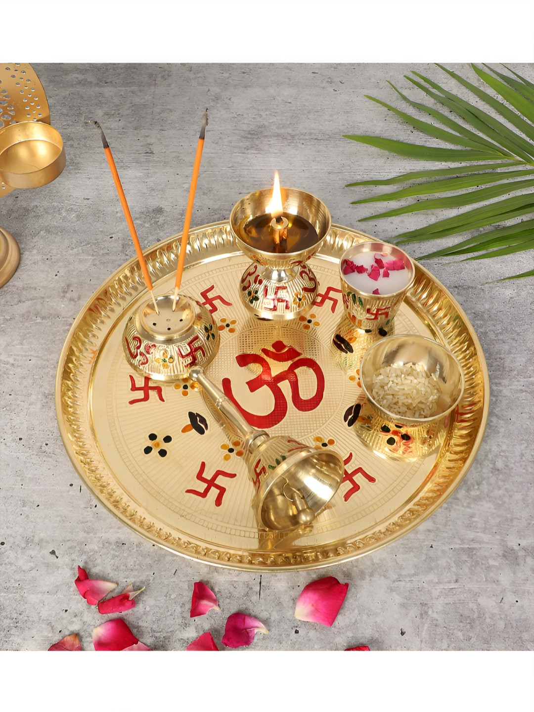 Two Moustaches Gold-Toned and Red Om & Swastika Design Brass Pooja Thali Set