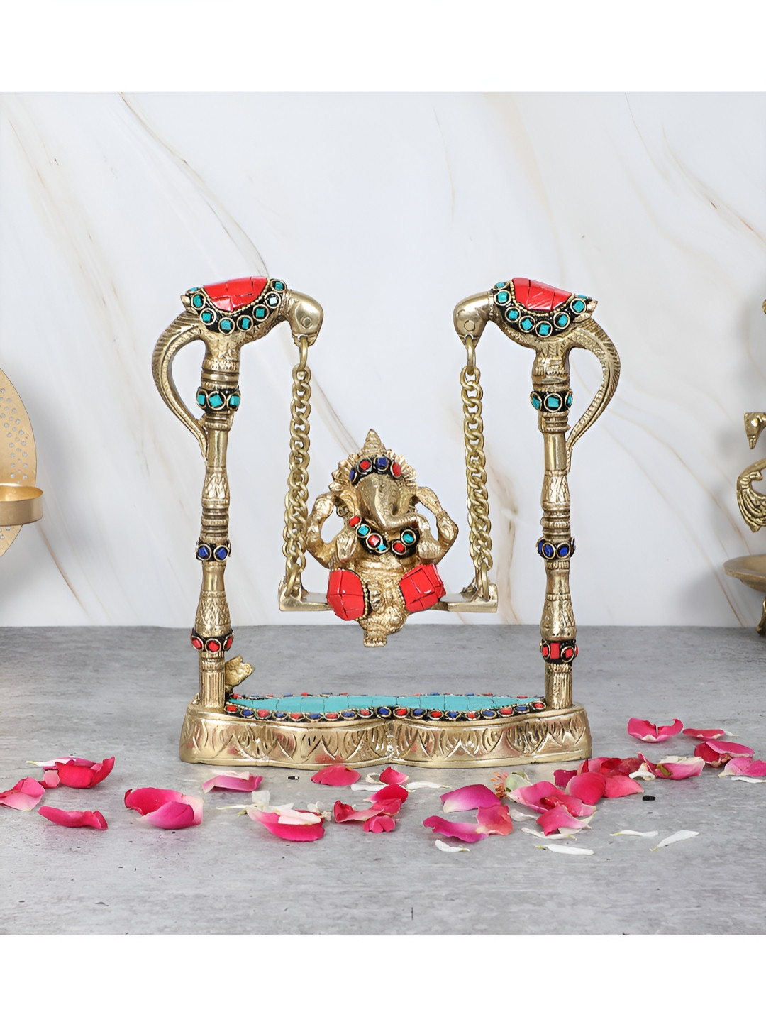 Two Moustaches Religious Idol Ganesha On Peacock Swing Jhoola Brass Showpiece