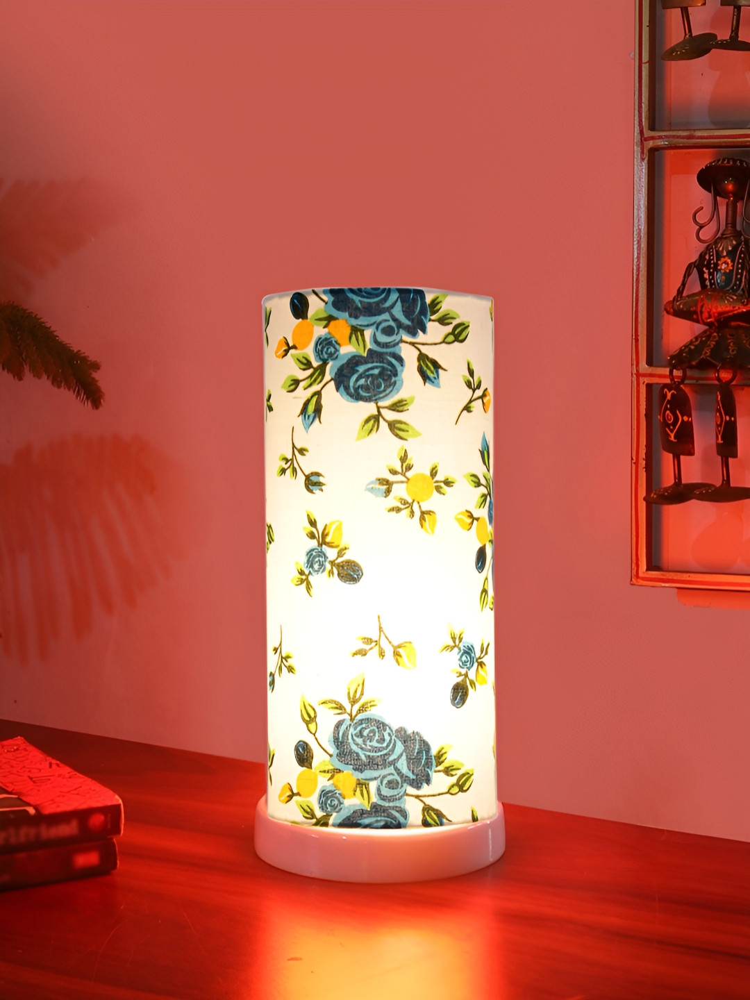 Aura Blue Floral Printed Cylindrical Shaped Cotton Table Lamp With Wooden Brushed Base