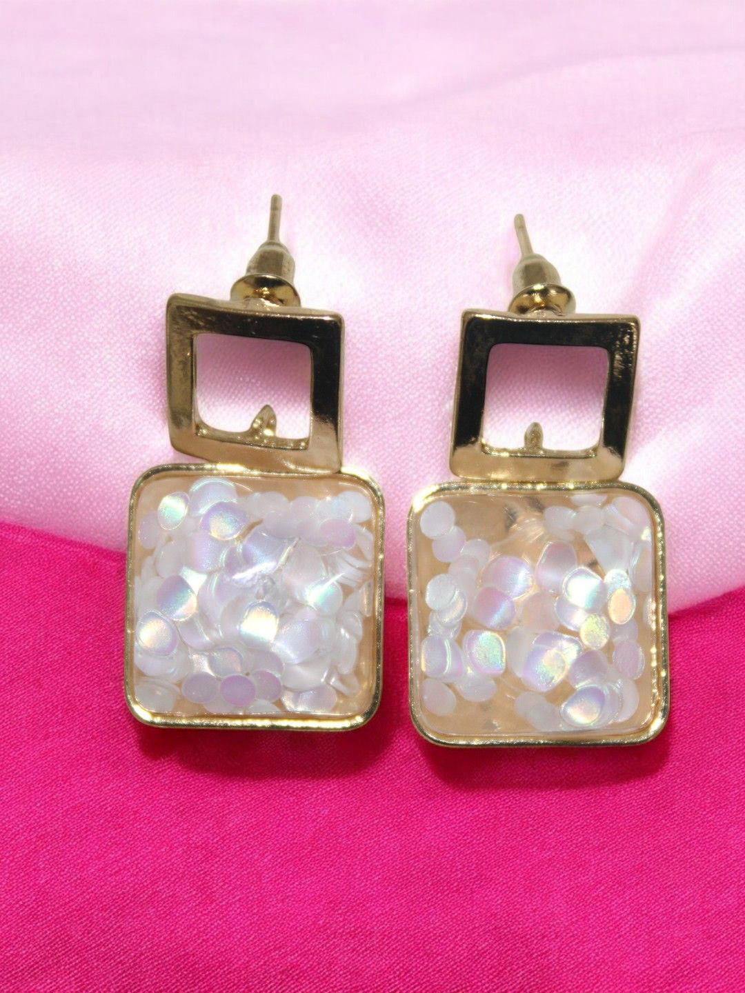 Jolly Faces Gold-Plated Artificial Stones Studded Sqaure Shaped Drop Earrings