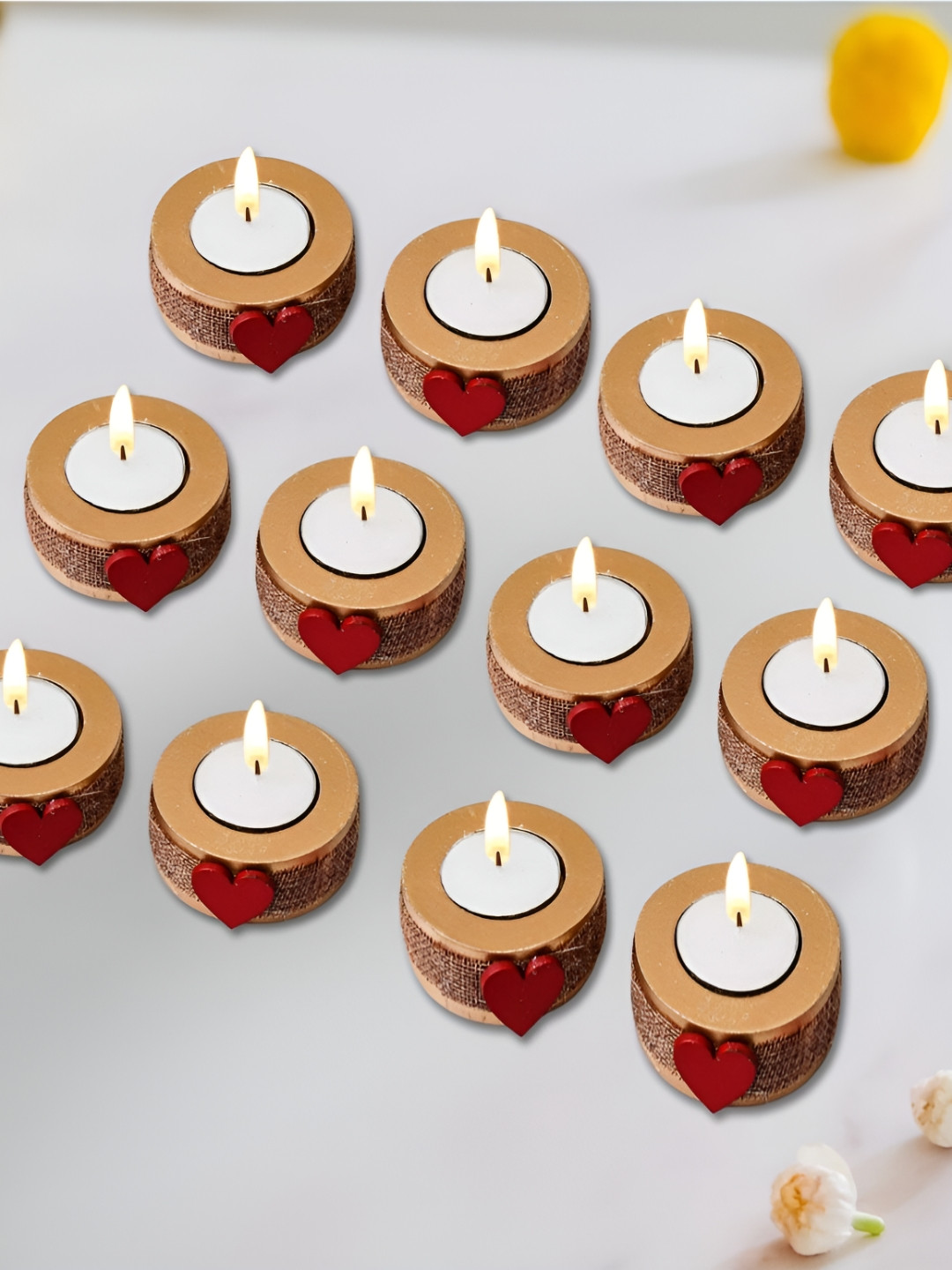 eCraftIndia Brown & Red 12 Pieces Round Heart Wooden Tea Light Candle Holders