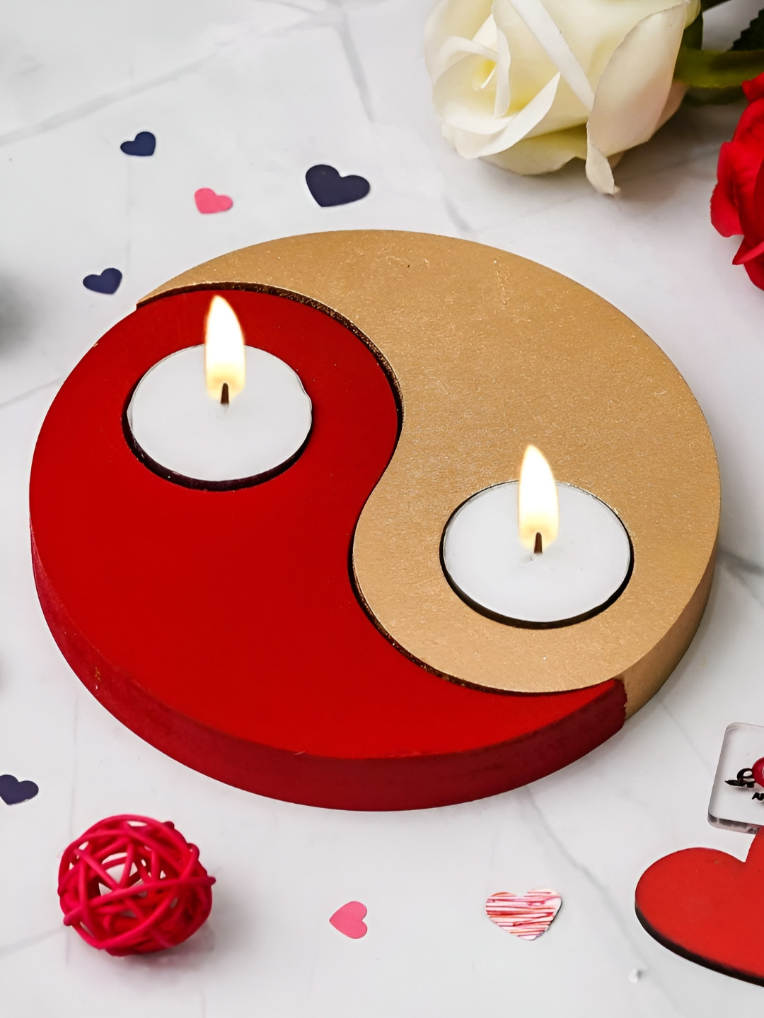 eCraftIndia Red & Gold-Toned 2 Pieces Yin Yang Shape Wooden Tea Light Candle Holders