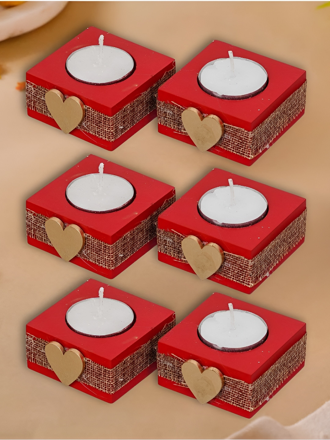 eCraftIndia Red & Gold-Toned 6 Pieces Square Heart Wooden Tea Light Candle Holders