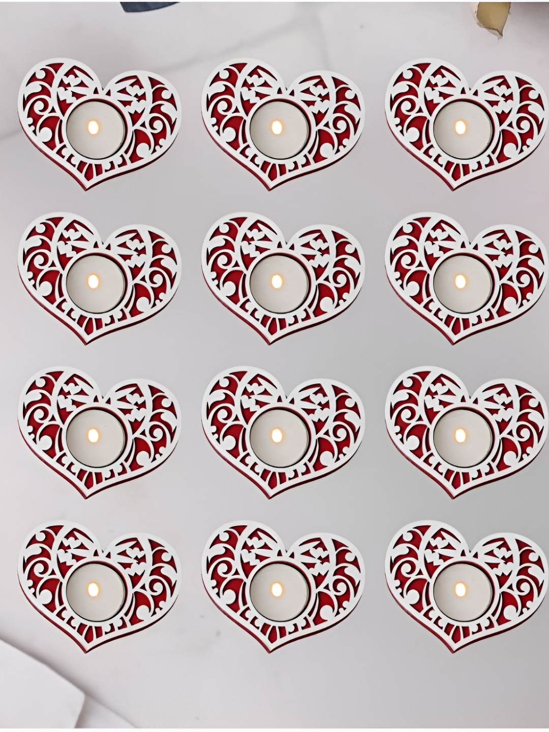 eCraftIndia Red & White 12 Pieces Textured Heart Shaped Wooden Tea Light Candle Holders