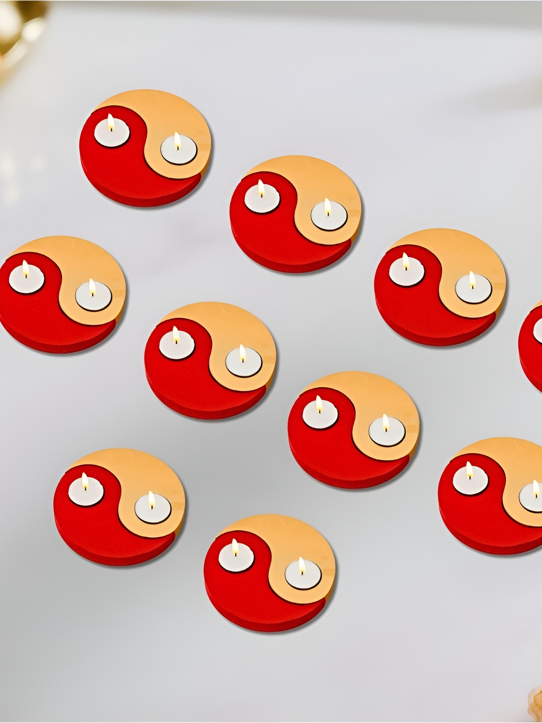 eCraftIndia Red & Gold-Toned 10 Pieces Yin Yang Shape Wooden Tea Light Candle Holders