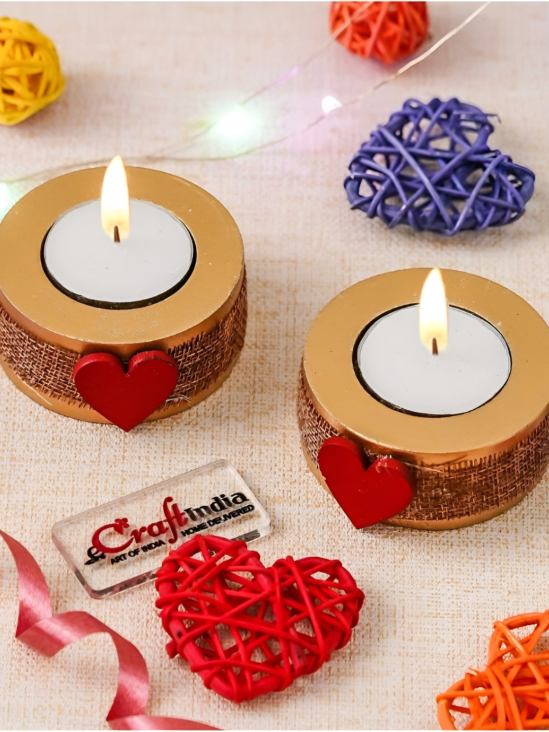 eCraftIndia Brown & Red 2 Pieces Round Heart Wooden Tea Light Candle Holders