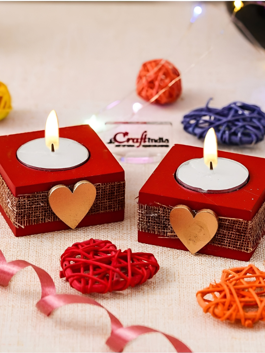 eCraftIndia Red & Gold-Toned 2 Pieces  Square Heart Wooden Candle Holders
