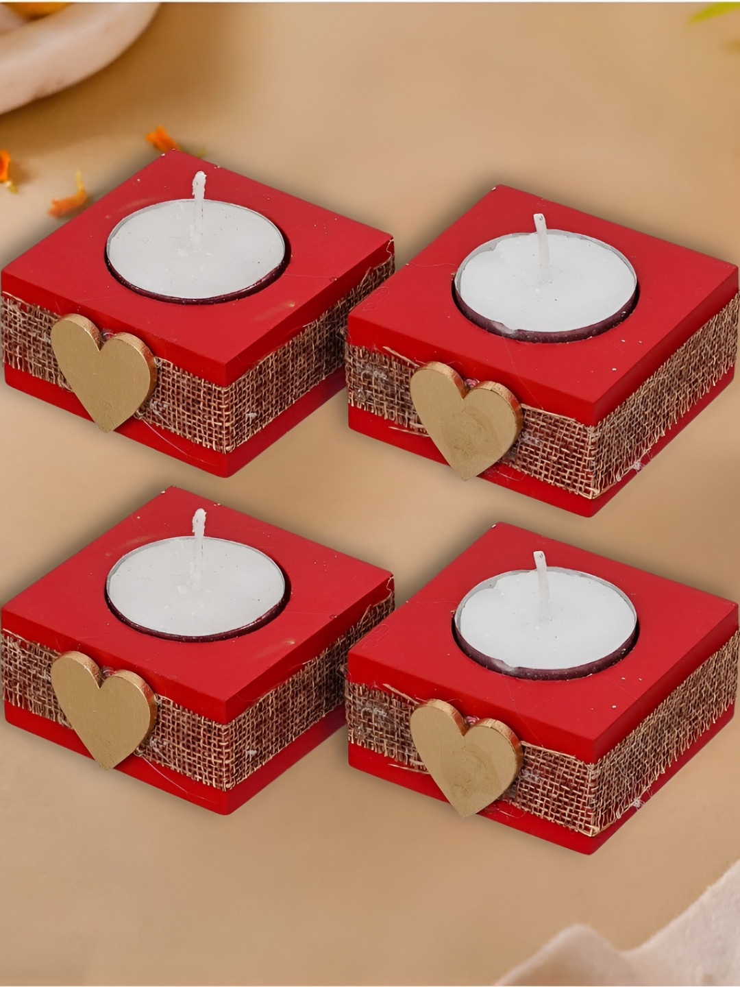 eCraftIndia Red & Gold-Toned 4 Pieces Ceramic Candle Holder