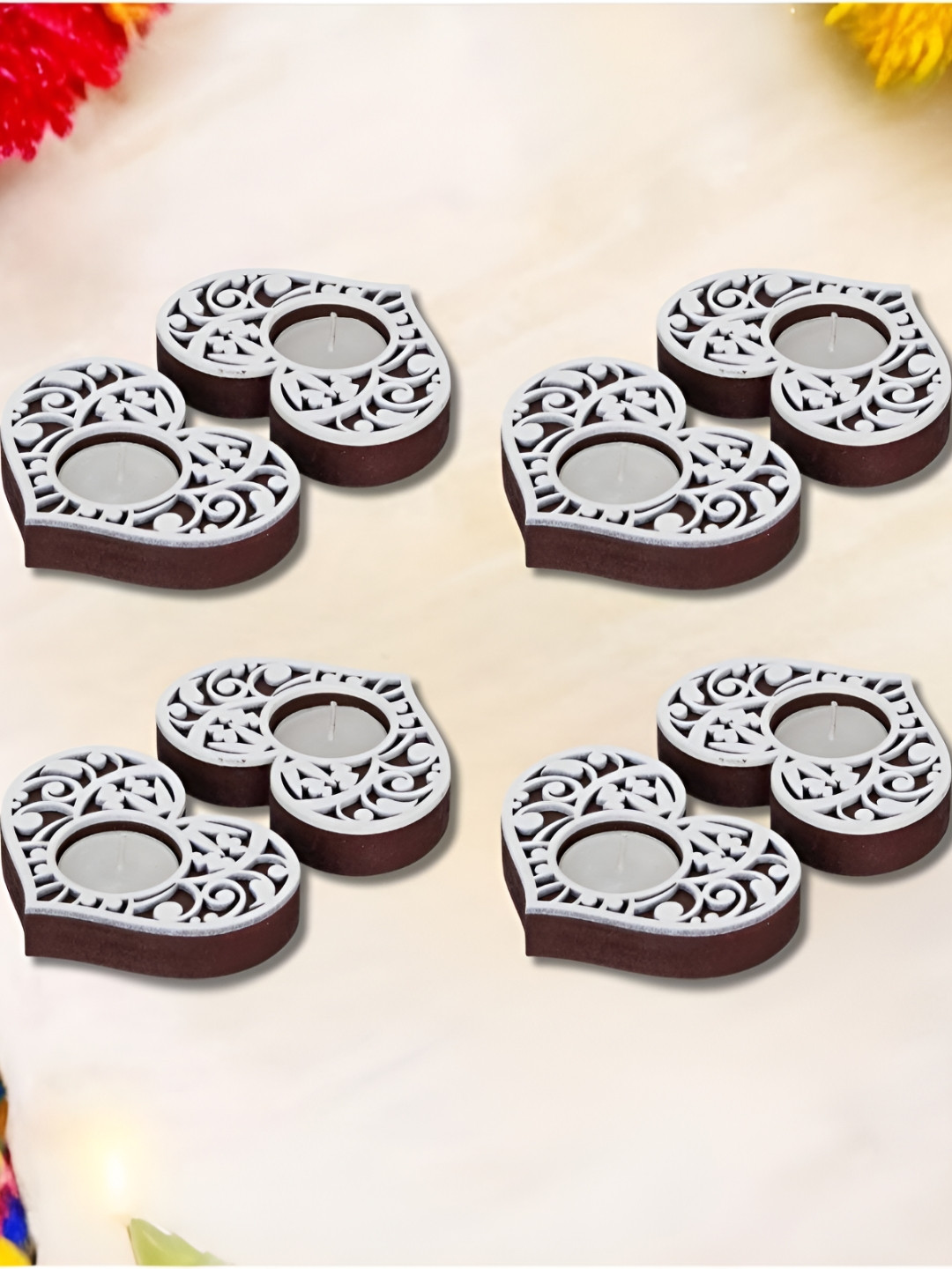 eCraftIndia Brown & White 8 Pieces Textured Heart Shaped Wooden Tea Light Candle Holders