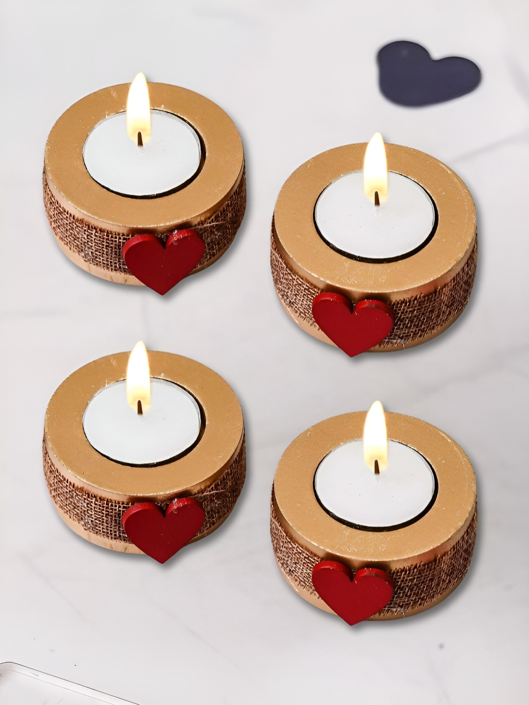 eCraftIndia Brown & Red 4 Pieces Round Heart Wooden Tea Light Candle Holders