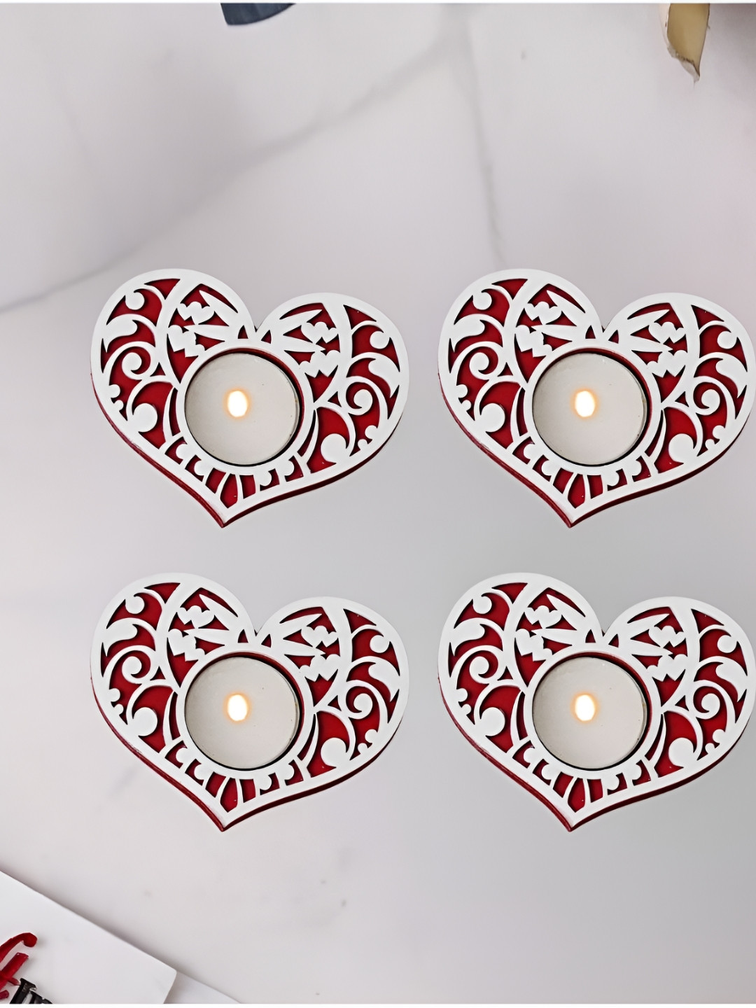 eCraftIndia Red & White 4 Pieces Textured Heart Shaped Wooden Tea Light Candle Holders