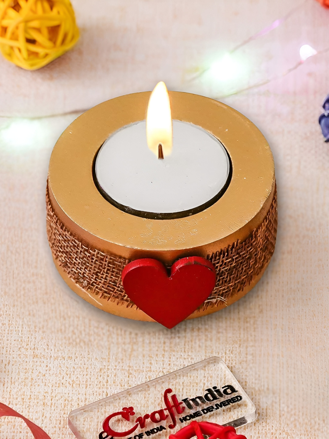 eCraftIndia Brown & Red Round Heart Wooden Tea Light Candle Holder