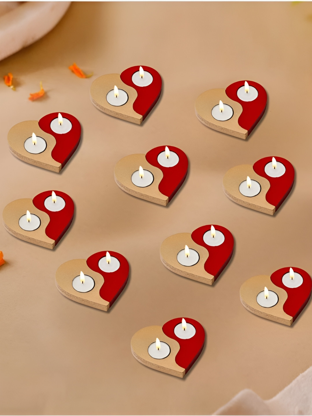 eCraftIndia Red & Gold-Toned 10 Pieces Couple's Heart Wooden Tea Light Candle Holders
