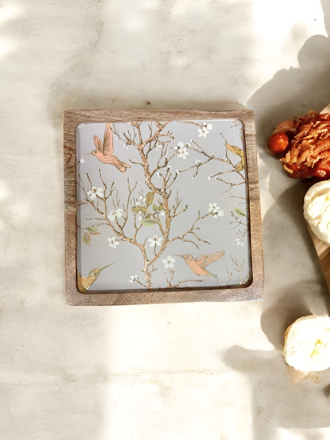 DULI Silver-Toned and Brown Floral Printed Mango Wood Easy to Clean Serving Tray