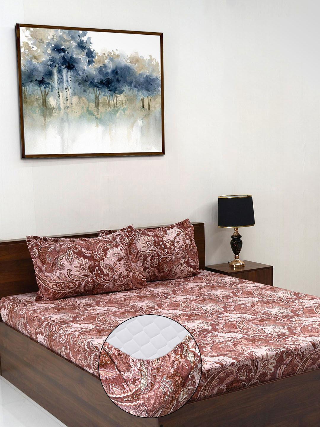 Steve & Anderson Elevate Brown Paisley Microfiber 164 TC Fitted King Bedsheet with 2 Pillow Covers-72 x 78 inches