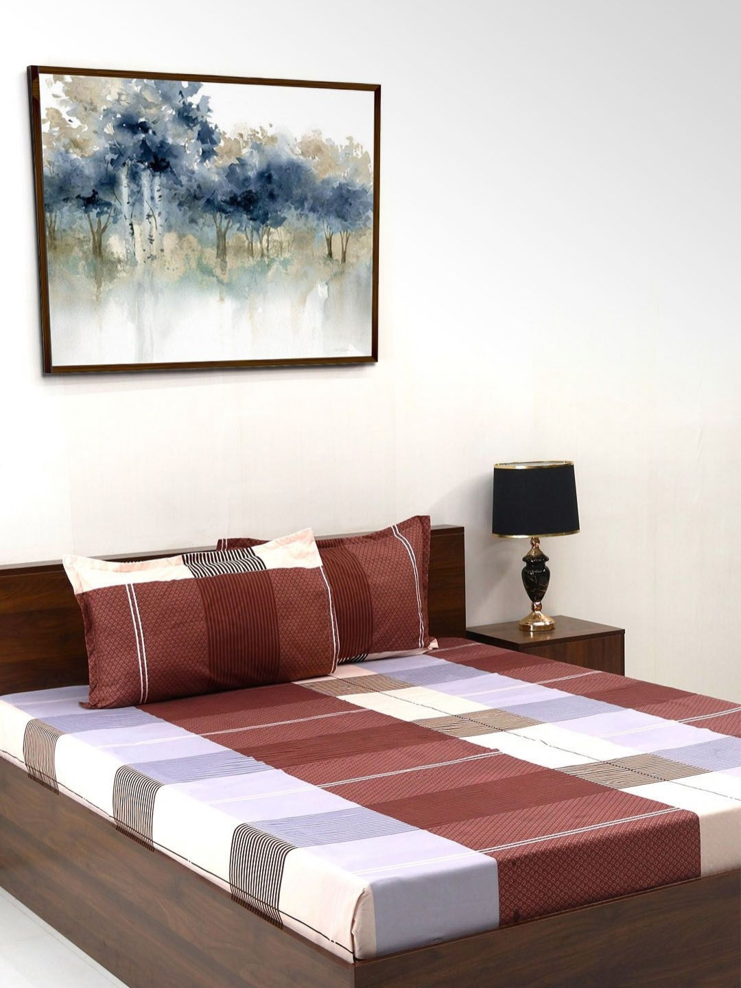 Steve & Anderson Elevate Maroon Geometric Microfiber 164 TC Queen Bedsheet with 2 Pillow Covers-88 x 100 inches
