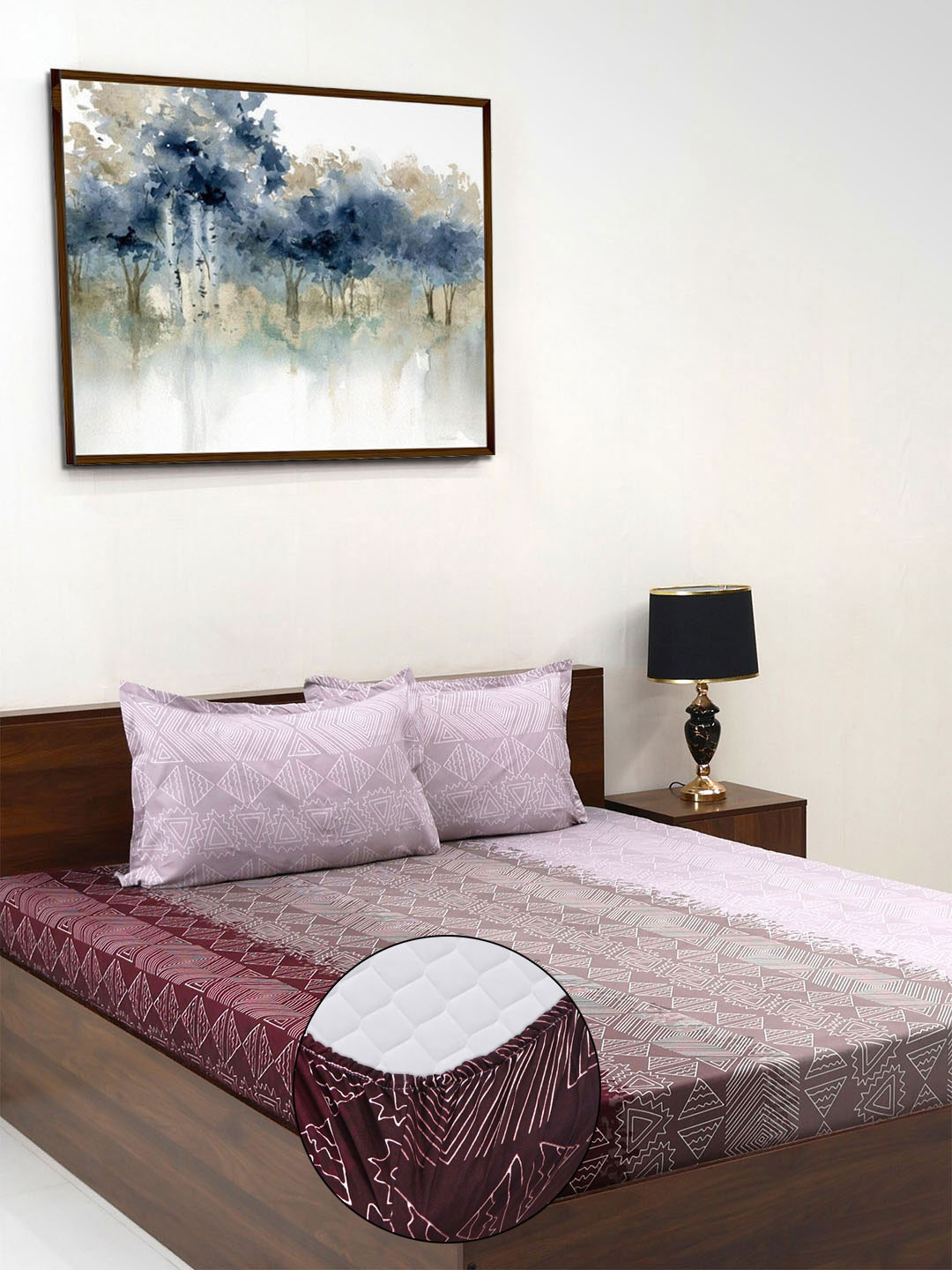 Steve & Anderson Elevate Magenta Geometric Microfiber 164 TC Fitted King Bedsheet with 2 Pillow Covers-72 x 78 inches