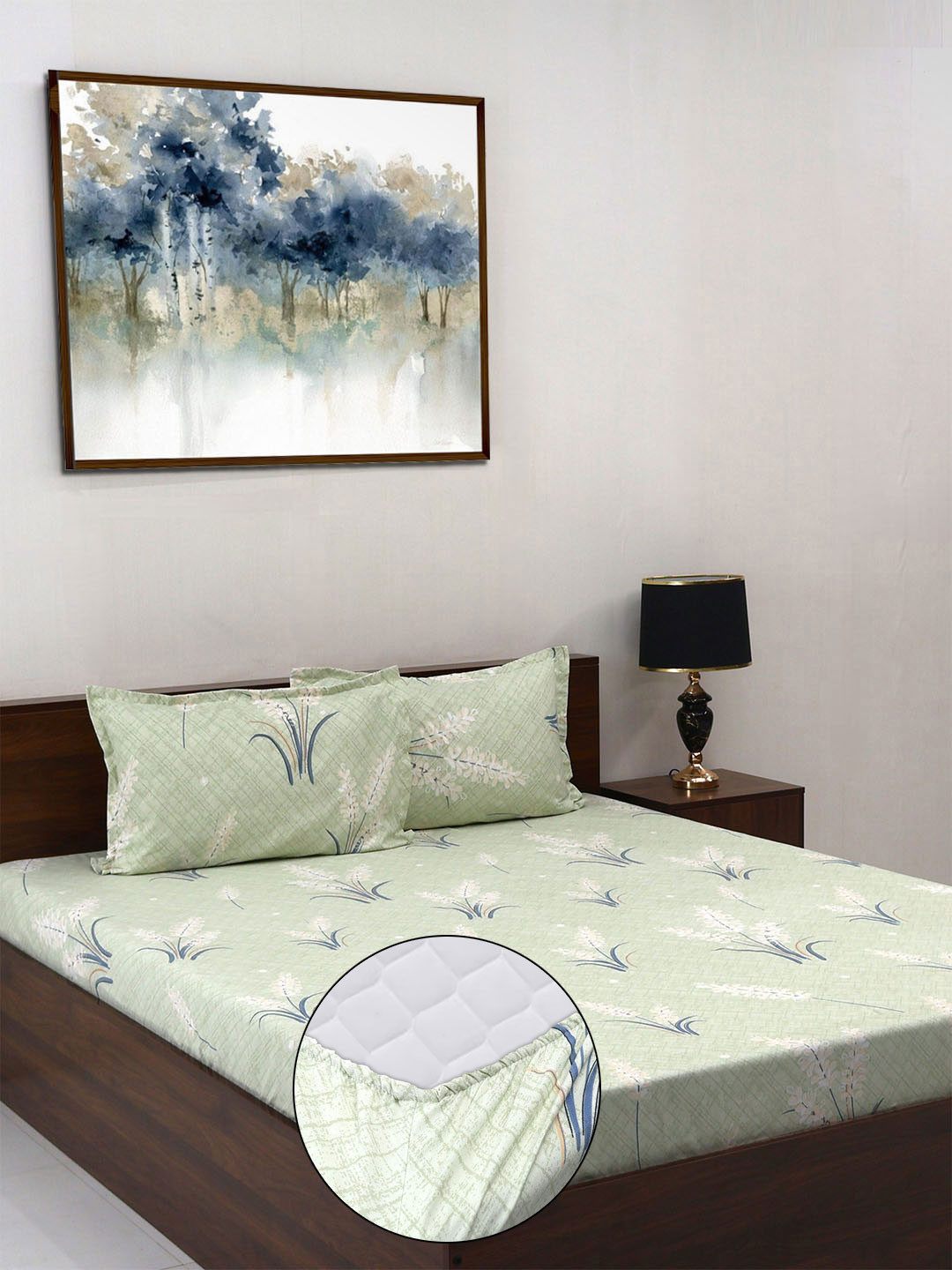 Steve & Anderson Elevate Olive Floral Microfiber Easy to Tuck 164 TC Fitted King Bedsheet with 2 Pillow Covers-72 x 78 inches