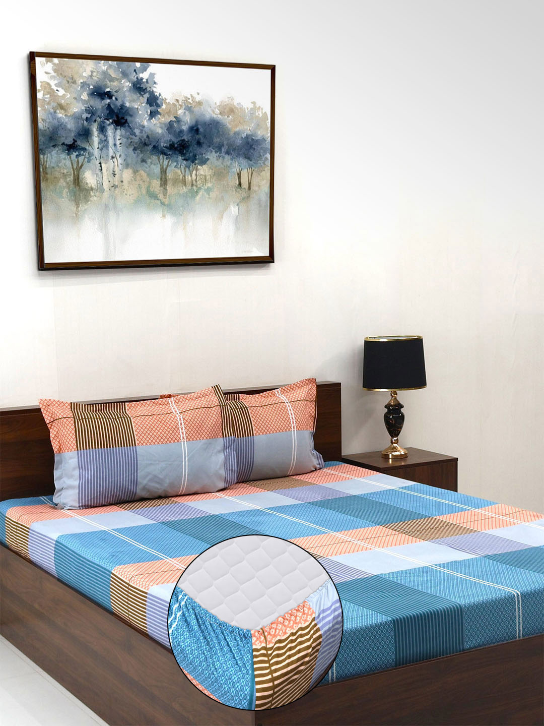 Steve & Anderson Elevate Blue Checked Microfiber 164 TC Fitted King Bedsheet with 2 Pillow Covers-183 x 198 x 20 cm