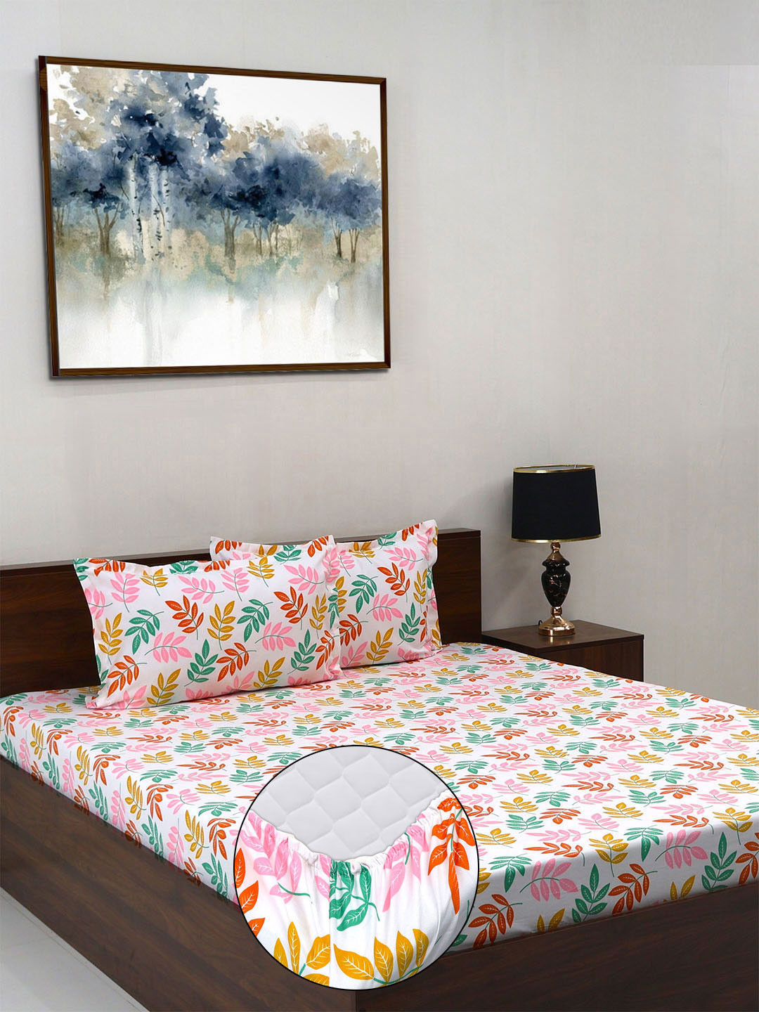 Steve & Anderson Elevate White Leaf Microfiber 164 TC Fitted King Bedsheet with 2 Pillow Covers-183 x 198 x 20 cm