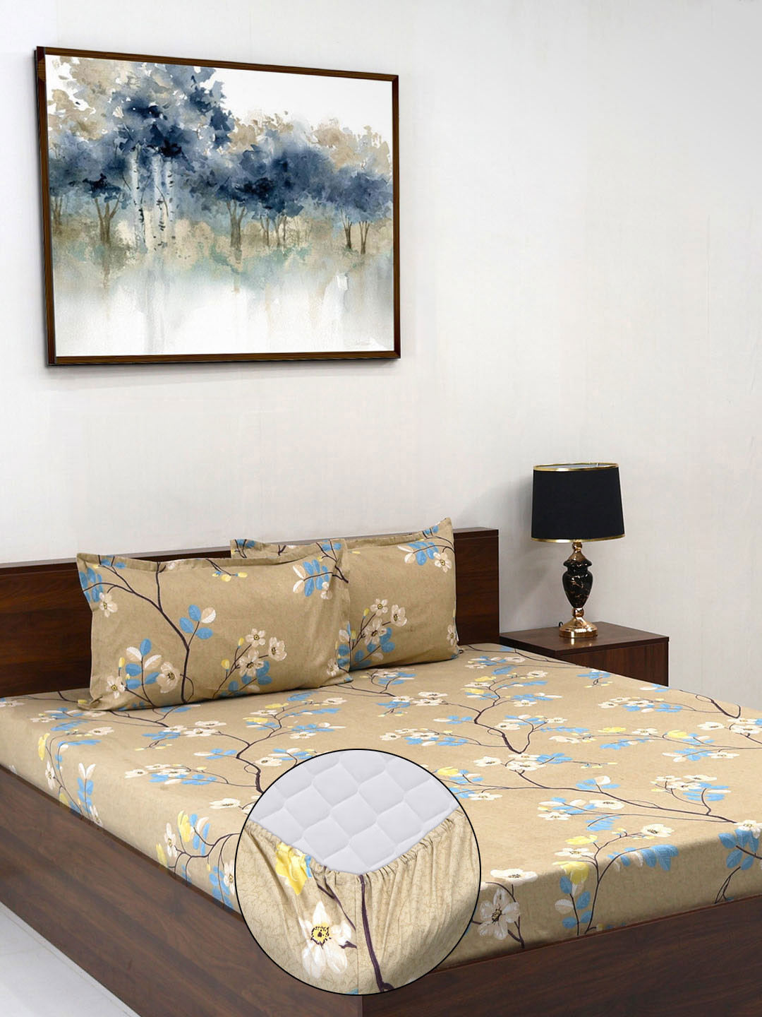 Steve & Anderson Elevate Brown Floral Microfiber 164 TC Fitted King Bedsheet with 2 Pillow Covers-72 x 78 inches