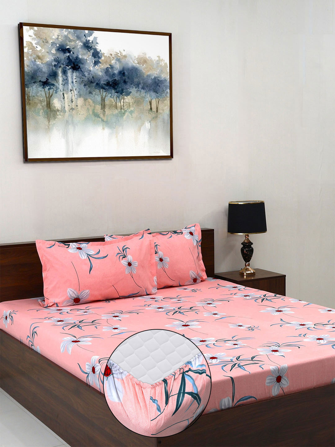 Steve & Anderson Elevate Peach Floral Microfiber 164 TC Fitted King Bedsheet with 2 Pillow Covers-72 x 78 inches