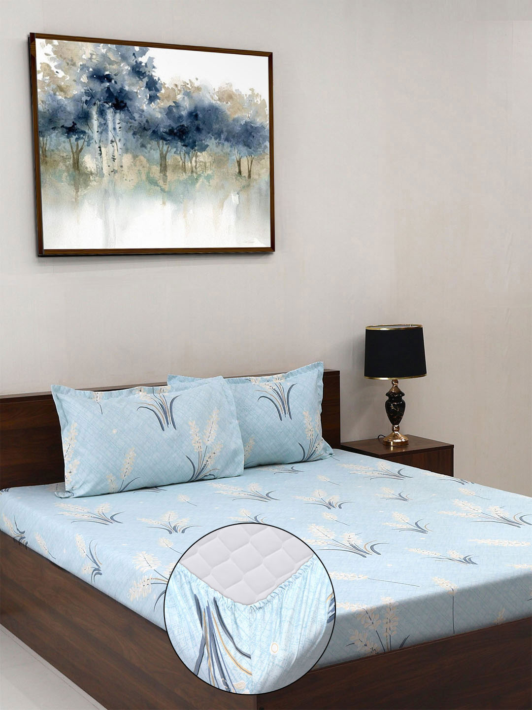 Steve & Anderson Elevate Blue Floral Microfiber 164 TC Fitted King Bedsheet with 2 Pillow Covers-183 x 198 x 20 cm
