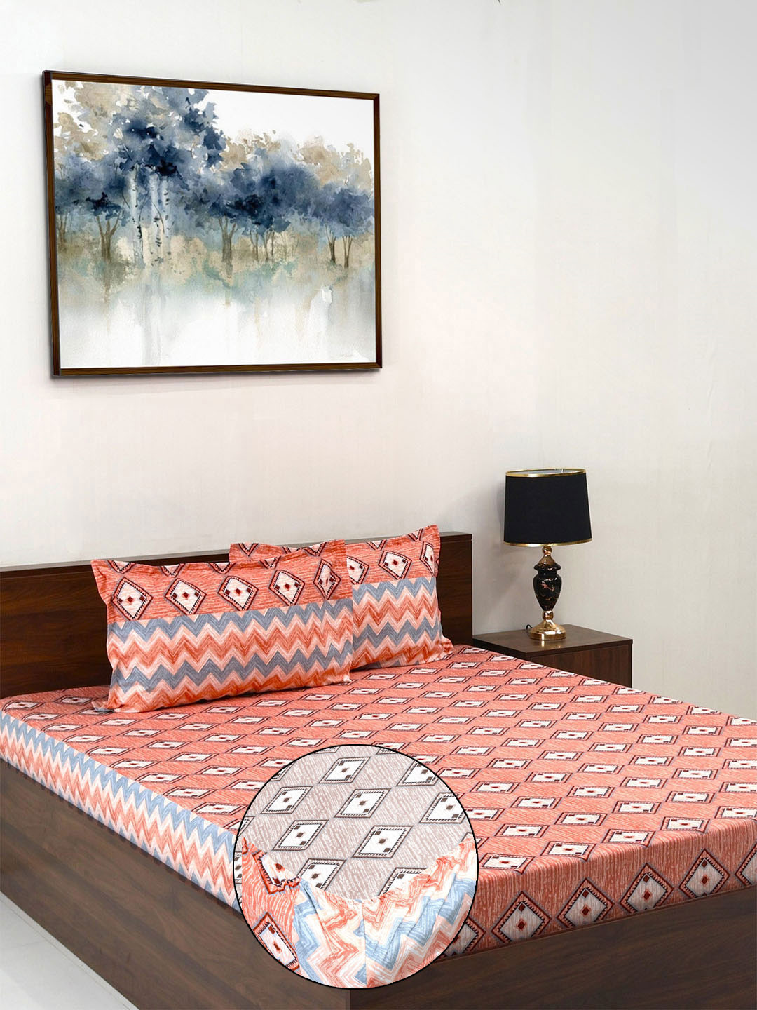 Steve & Anderson Elevate Orange Geometric Microfiber 164 TC Fitted King Bedsheet with 2 Pillow Covers-183 x 198 x 200 cm