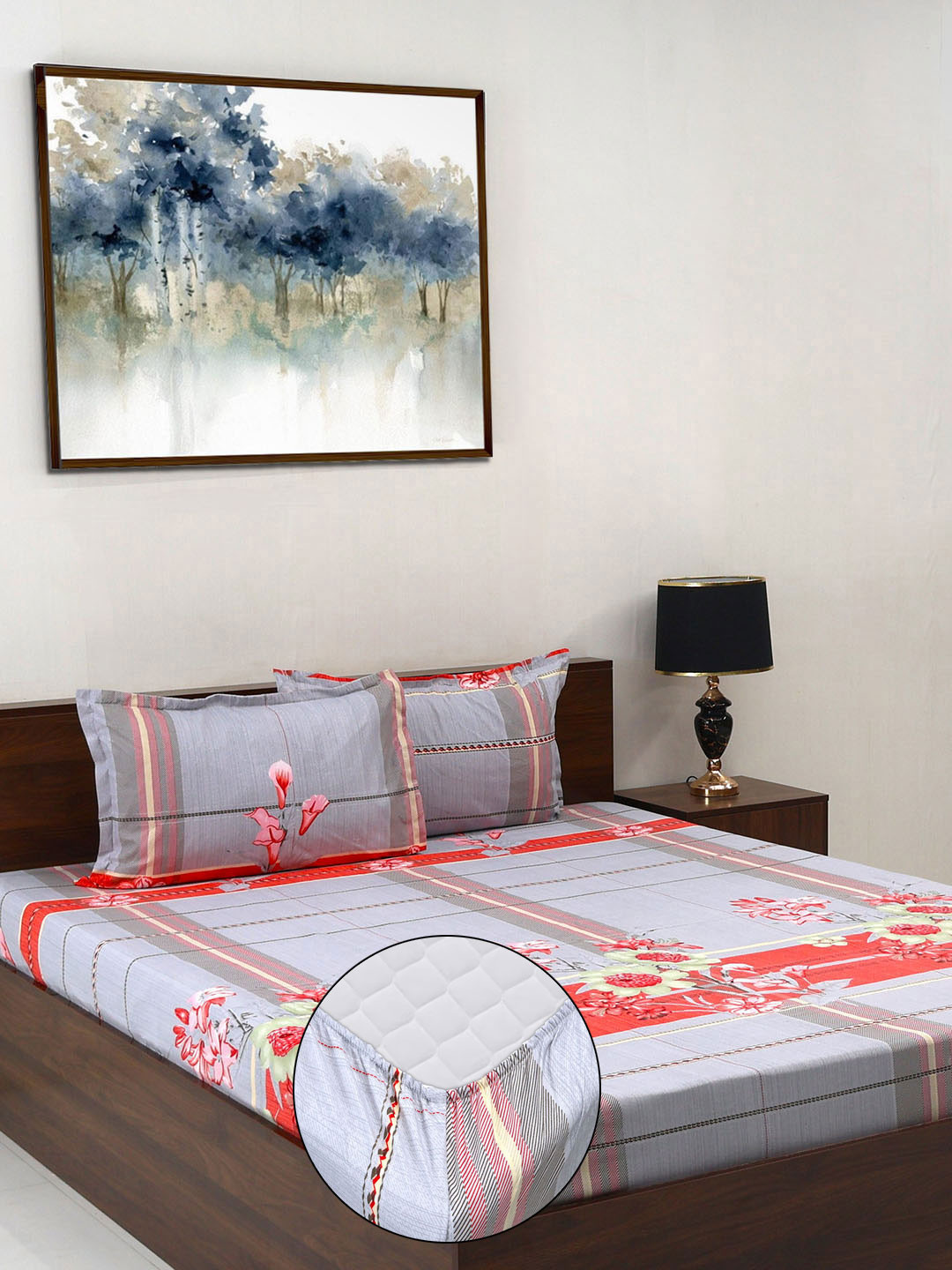 Steve & Anderson Elevate Grey Floral Microfiber 164 TC Fitted King Bedsheet with 2 Pillow Covers-183 x 198 x 20 cm