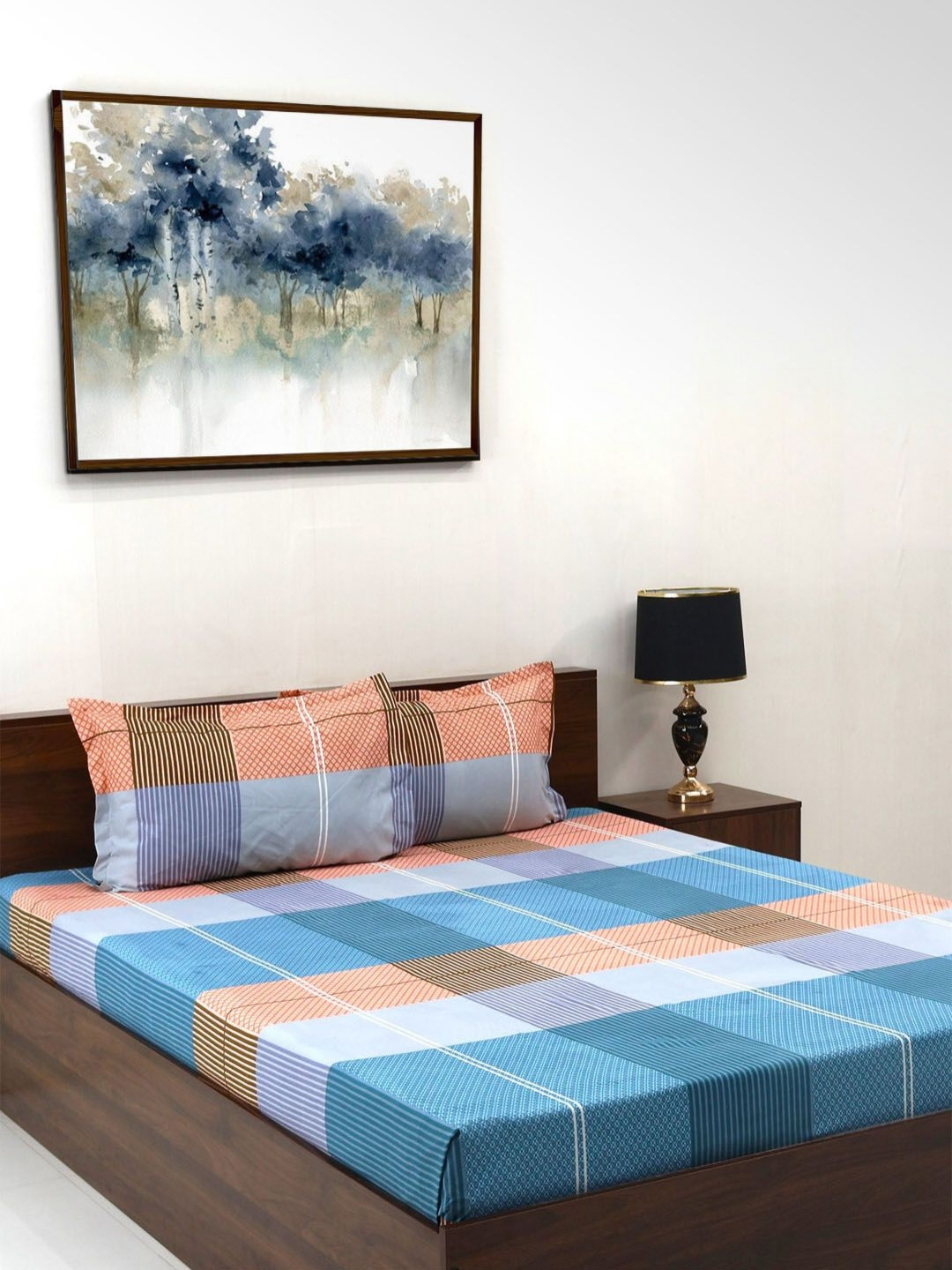 Steve & Anderson Elevate Navy Blue Checked Microfiber 164 TC Queen Bedsheet with 2 Pillow Covers-88 x 100 inches