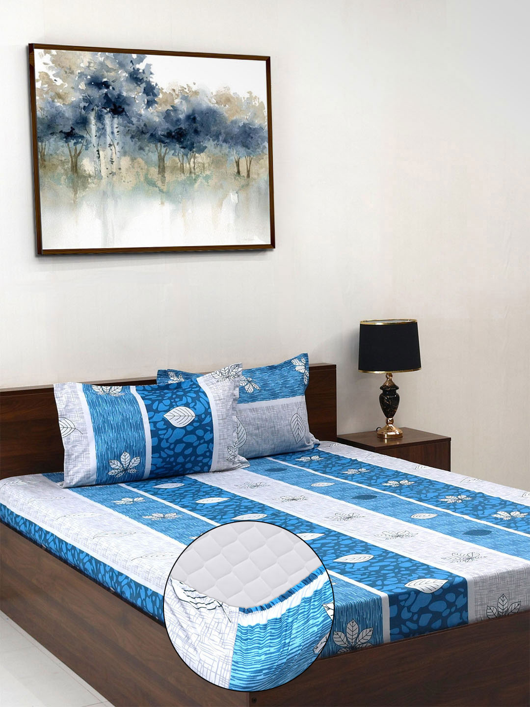 Steve & Anderson Elevate Navy Blue Floral Microfiber 164 TC Fitted King Bedsheet with 2 Pillow Covers-183 x 198 x 20 cm