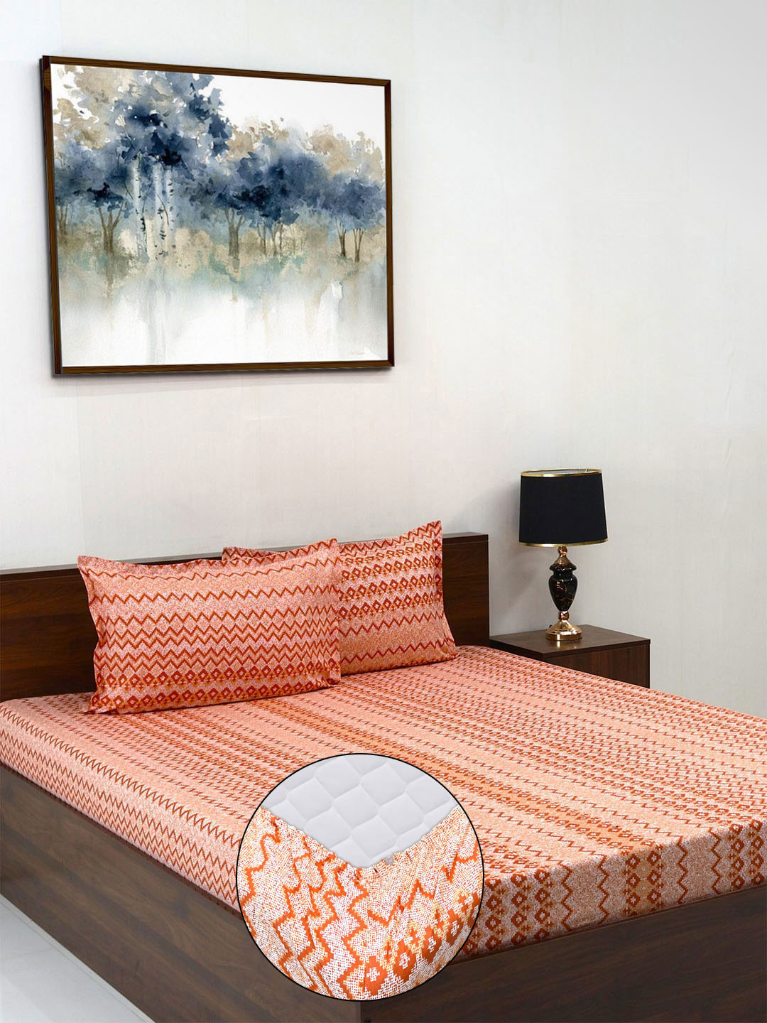 Steve & Anderson Elevate Orange Geometric Microfiber 164 TC Fitted King Bedsheet with 2 Pillow Covers-180 x 198 x 20 cm