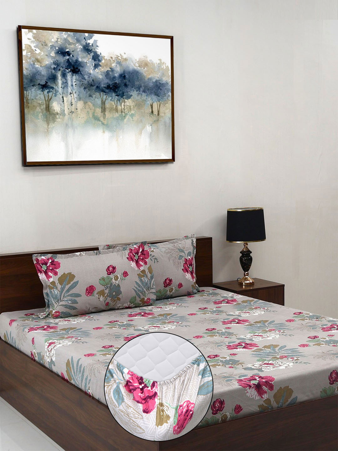 Steve & Anderson Elevate Grey Floral Microfiber Skin-Friendly 164 TC Fitted King Bedsheet with 2 Pillow Covers-183 x 198 cm