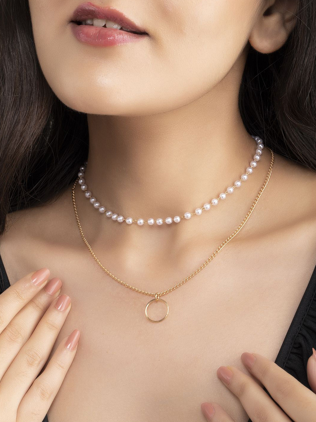 Rubans 18K Gold Plated Dual Layer Necklace with Pearls and Minimalistic Ring Pendant