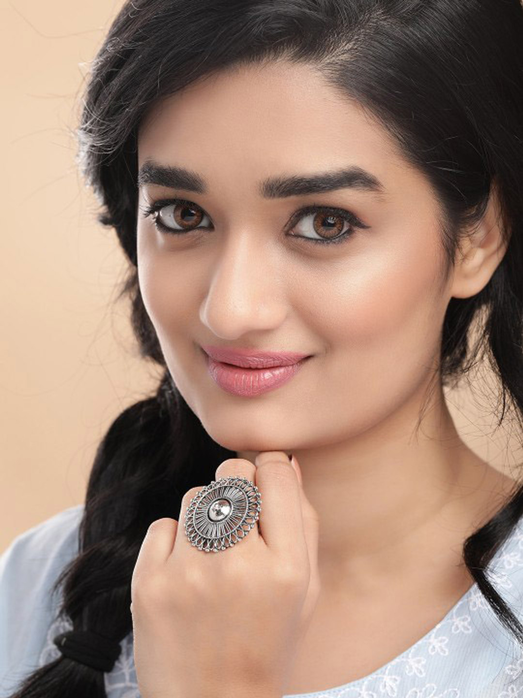 Rubans Oxidized Silver Plated Intricate Sunburst Adjustable Statement Ring