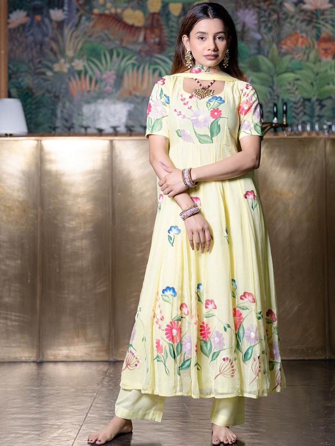 IMROZ HOUSE Floral Painted Silk Chiffon Anarkali Kurta With Trousers And Dupatta