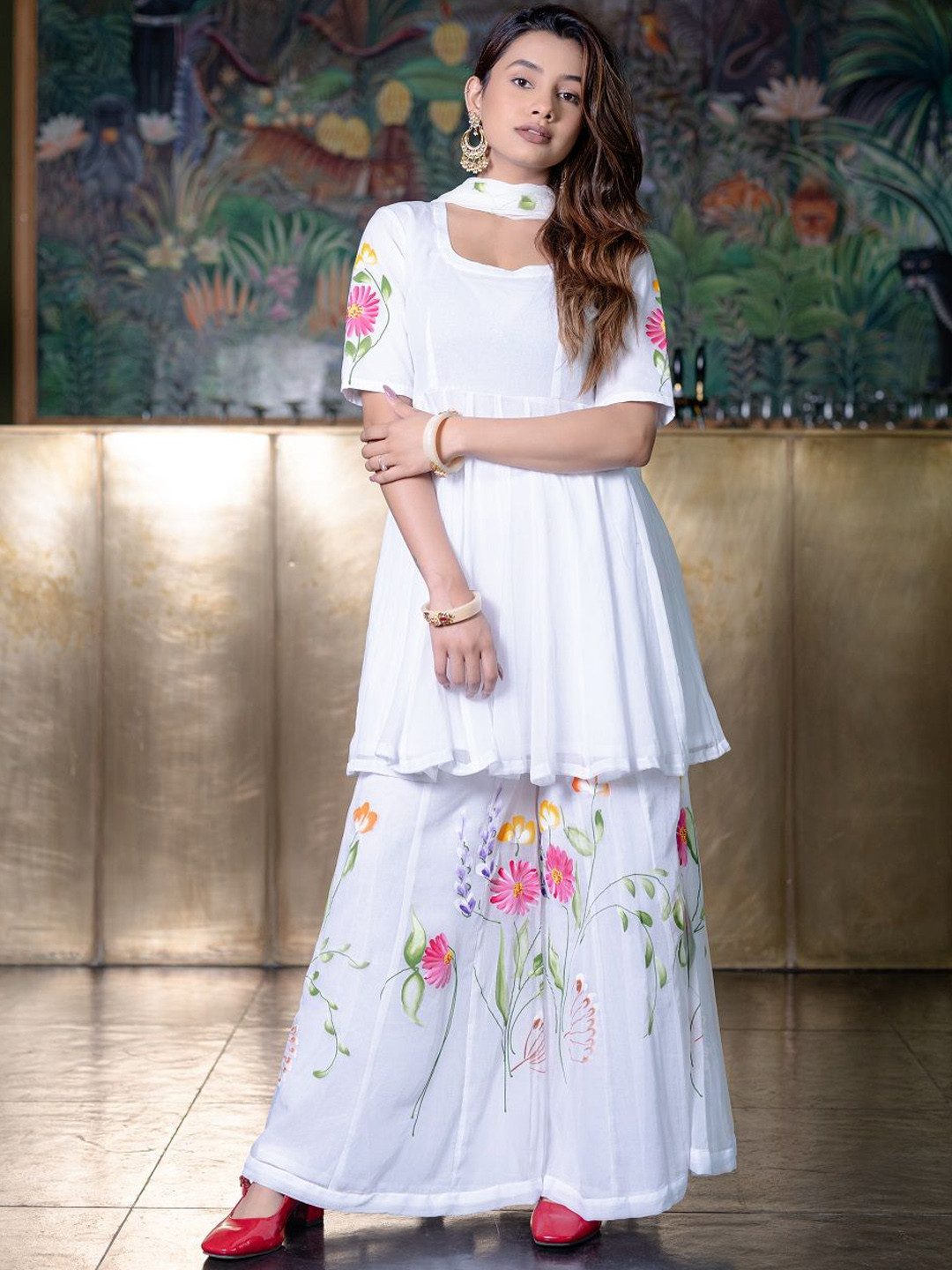 IMROZ HOUSE Floral Printed Silk Chiffon Anarkali Kurti With Palazzos And Dupatta