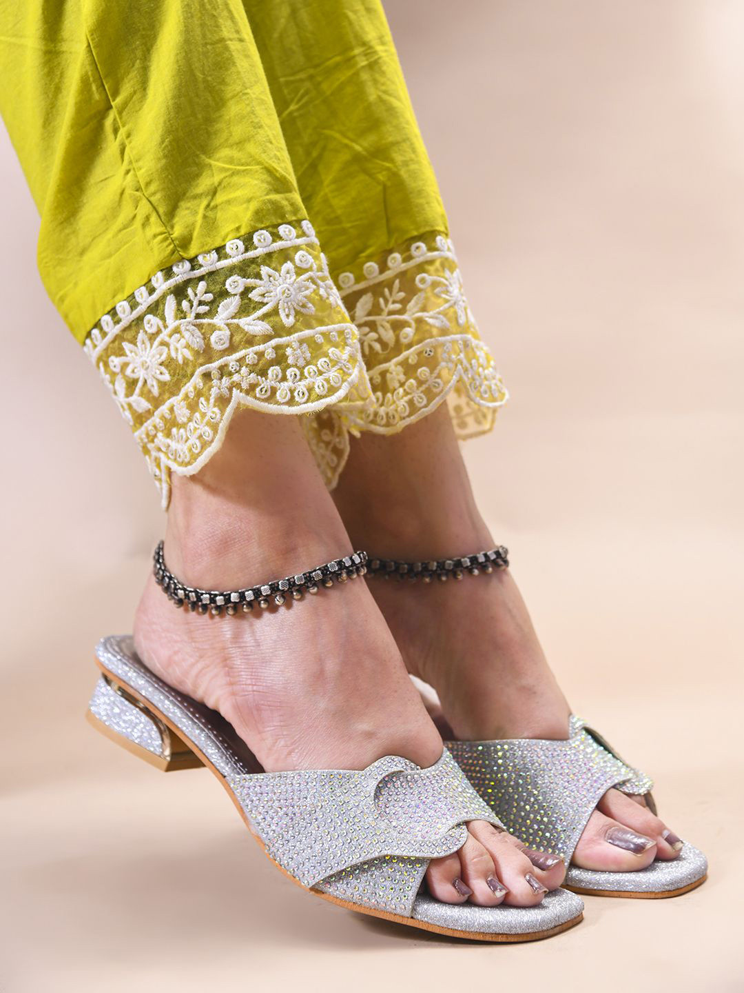 JM Looks Embellished Open Toe Block Heels