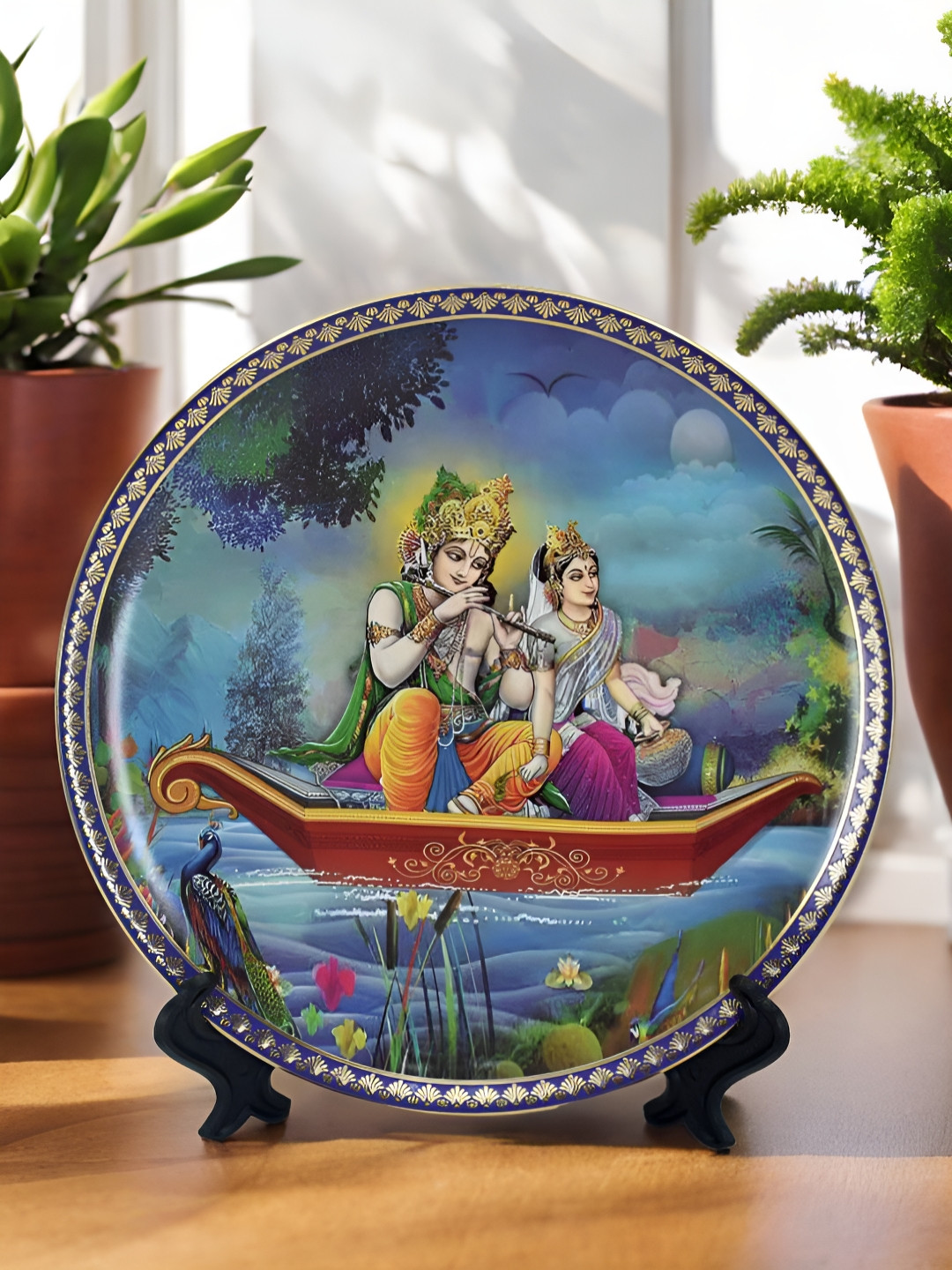The Decor Lane with Indian Mythological Scene Ceramic Glossy Hanging Hall Wall Plates-8In