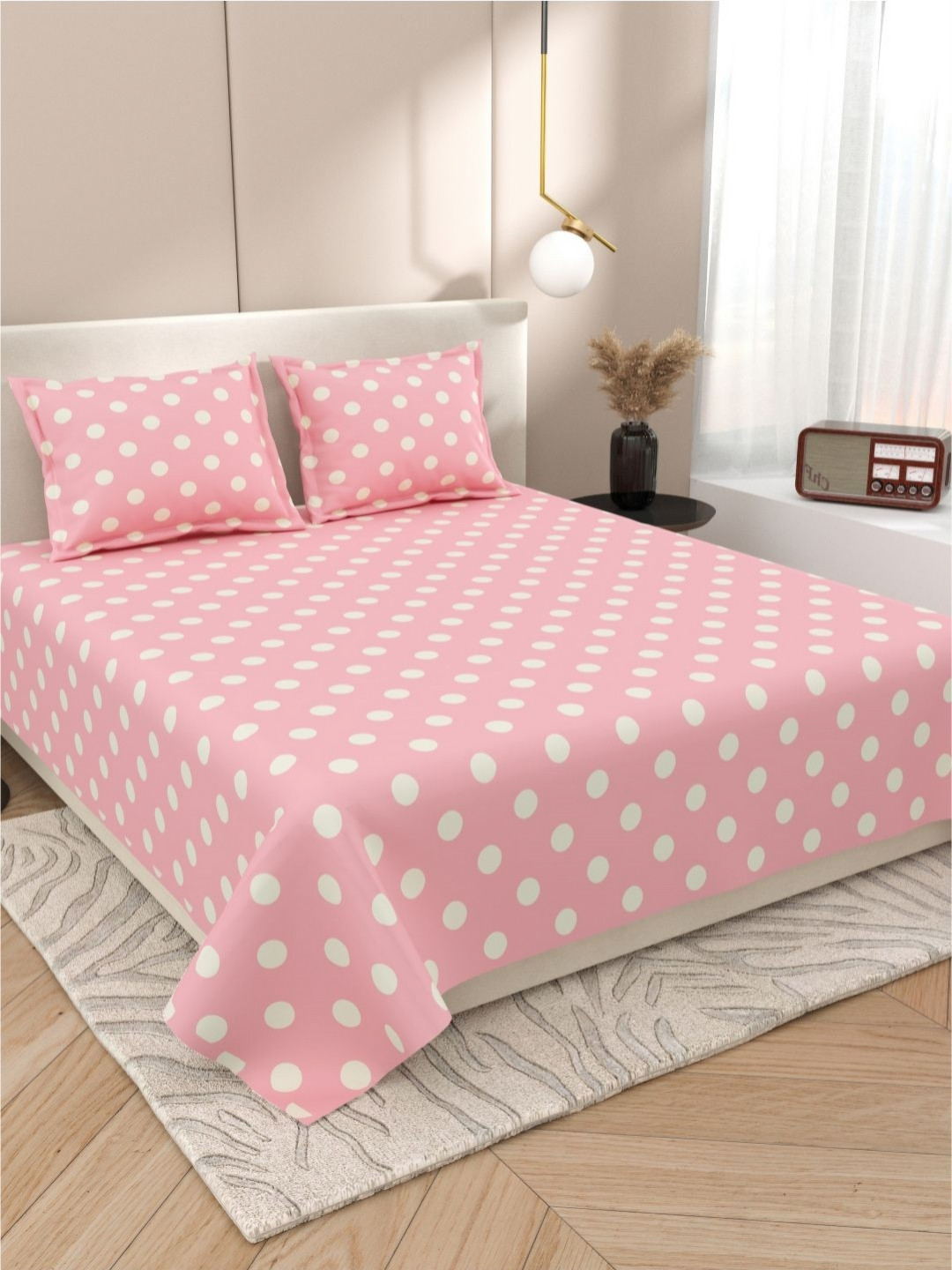 DREAM WEAVERZ Pink Polka Dots Pure Cotton 220 TC King Fine Bedsheet Set 108 x 100 inches